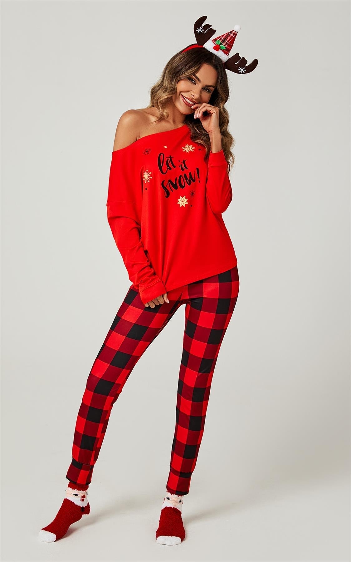Let It Snow* Christmas Long Sleeve SweatShirt Top &amp; Trousers Co Ord In Red
