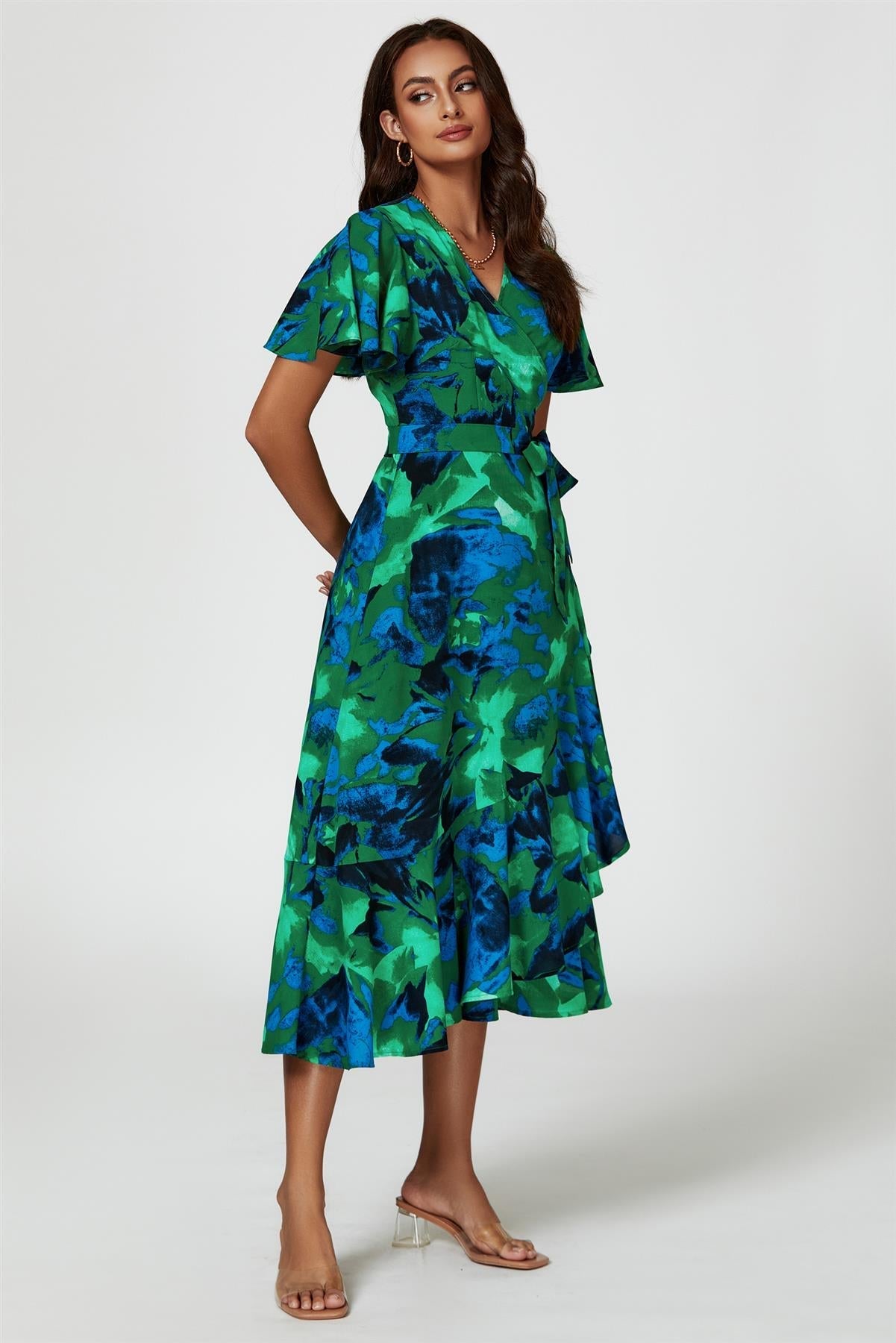 Abstract Print Midi Wrap Dress In Green
