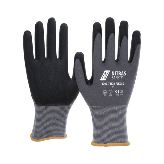NITRAS SKIN FLEX 3D Montagehandschuhe, grau/schwarz, OEKO-TEX zertifiziert | Packung (12 Paare)