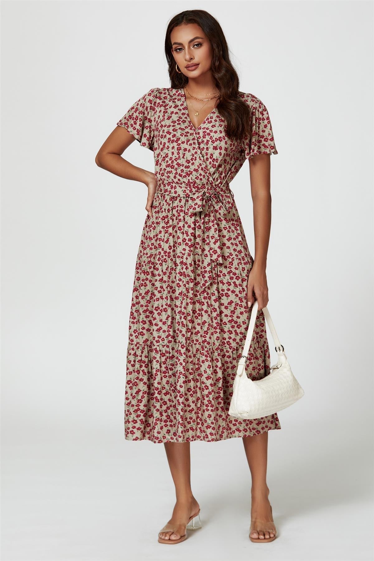 Pink Floral Print Wrap Midi Dress In Beige