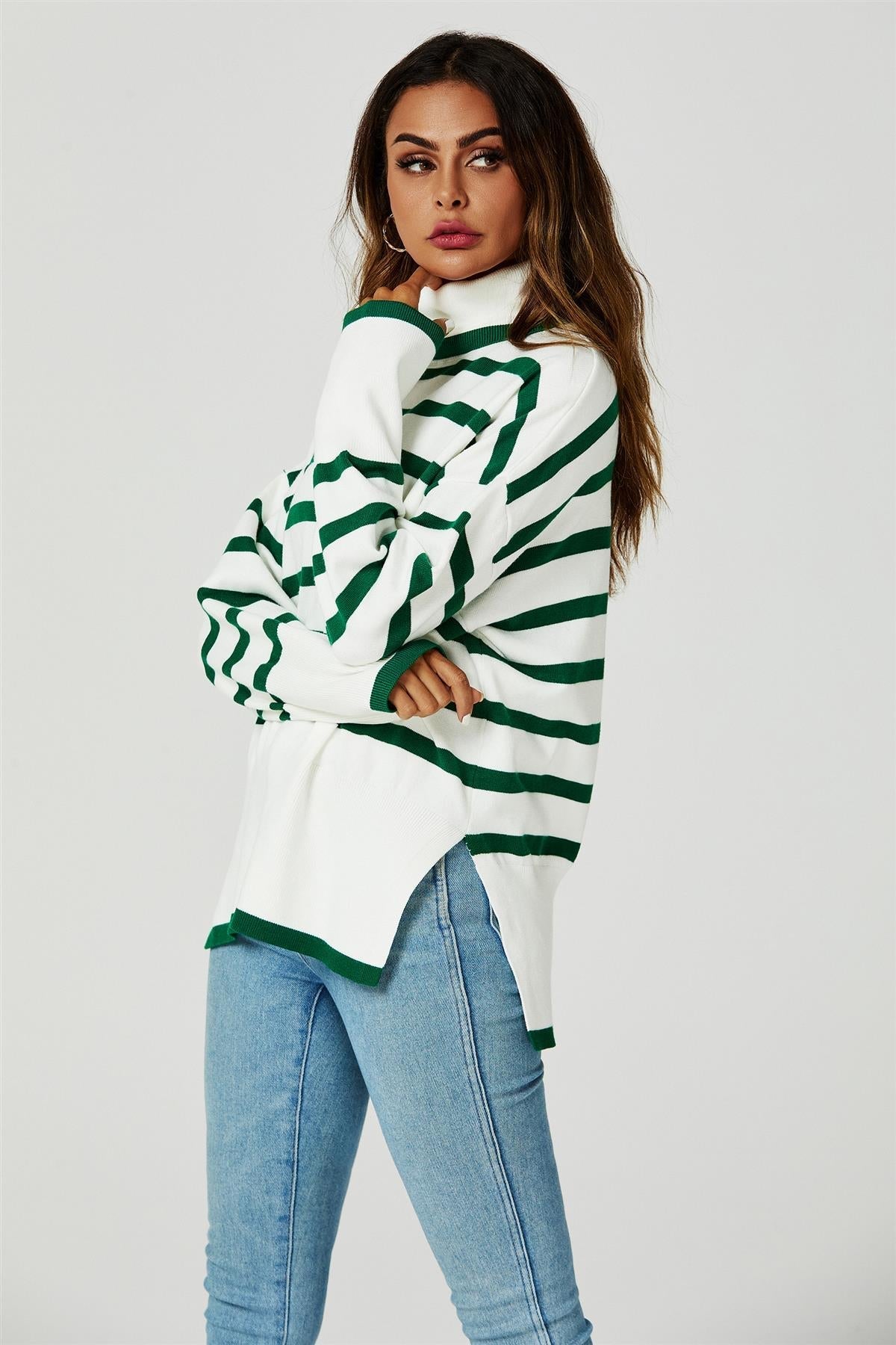 Stripes Pattern Turtleneck Jumper Top In Green 