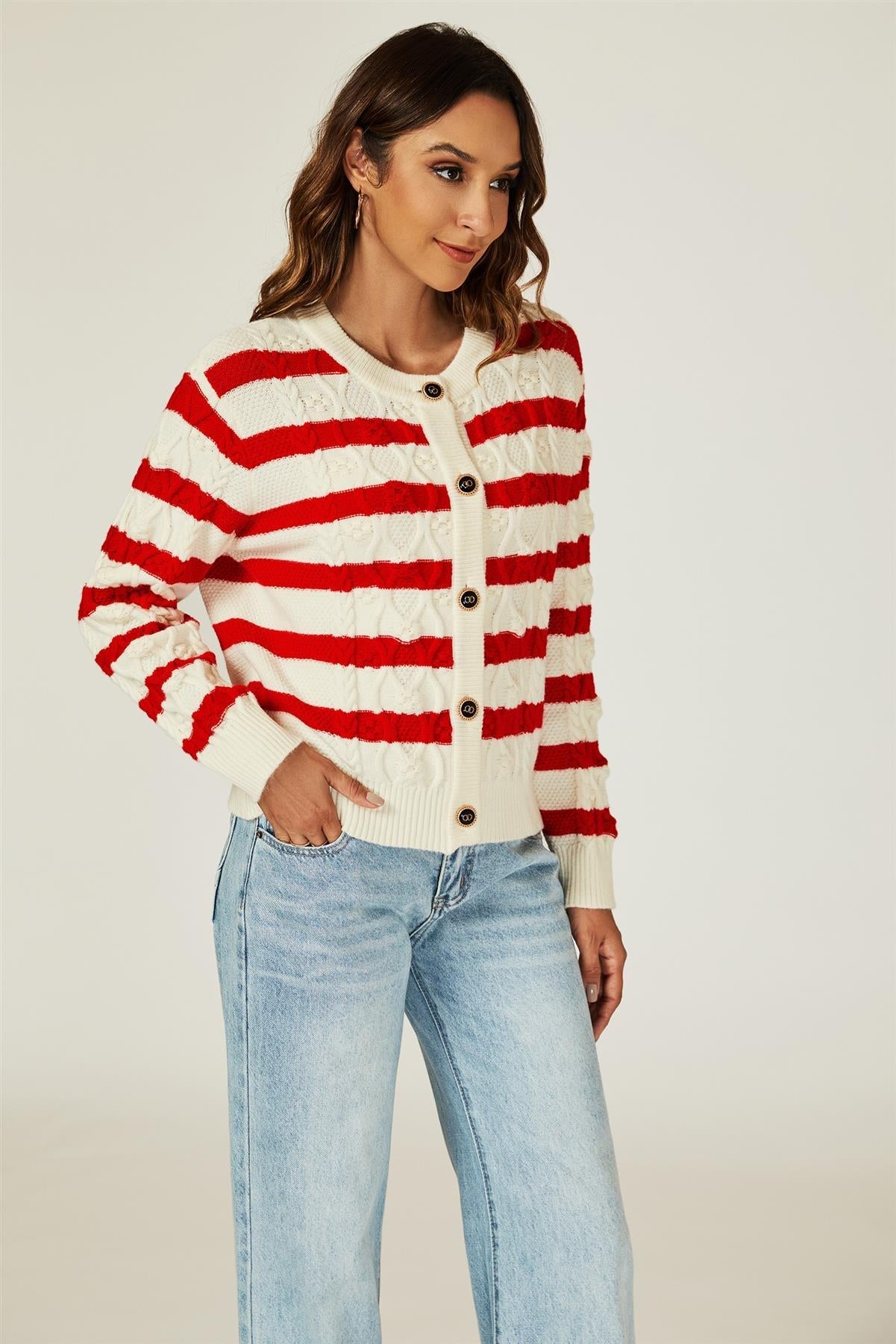 Stripe Pattern Knitted Cardigan In Red