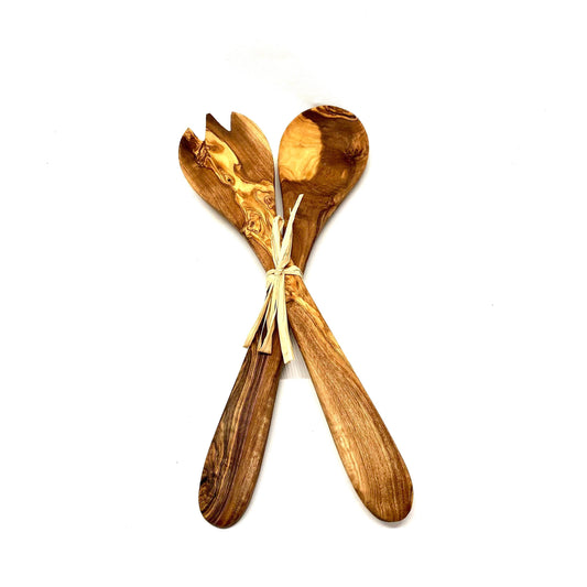 Olive wood salad servers connected with raffia ribbon, 30cm