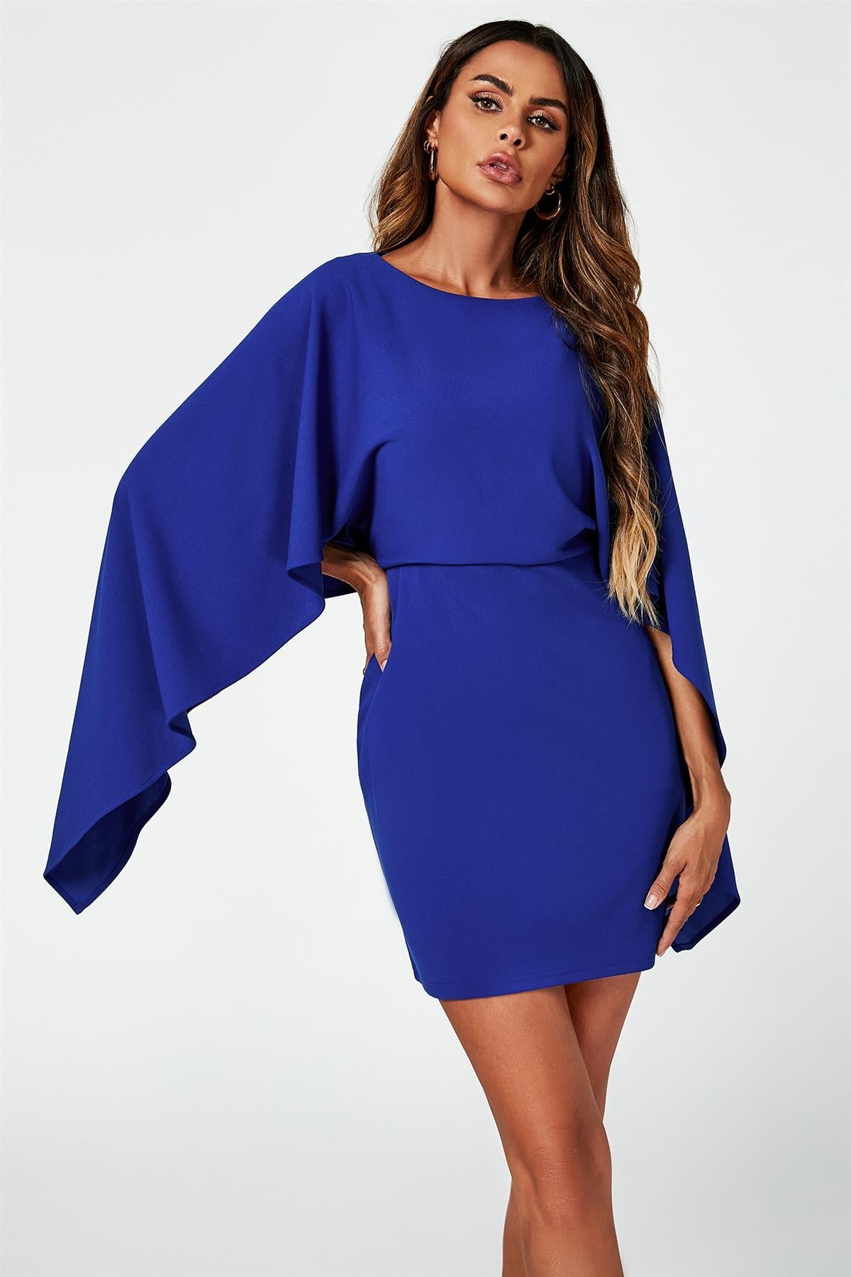 Back Detail Mini Dress With Cape In Blue 