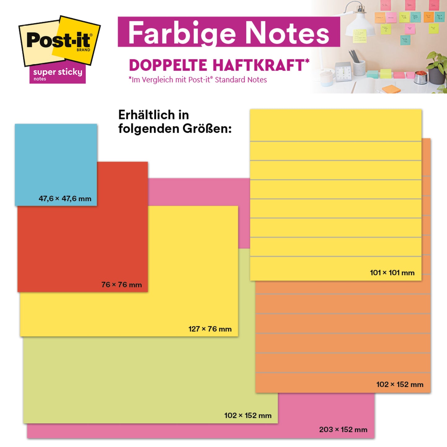 Post-it® Super Sticky Notes im Großformat, Liniert, 101 mm x 152 mm, 90 Blatt/Block, 100% PEFC