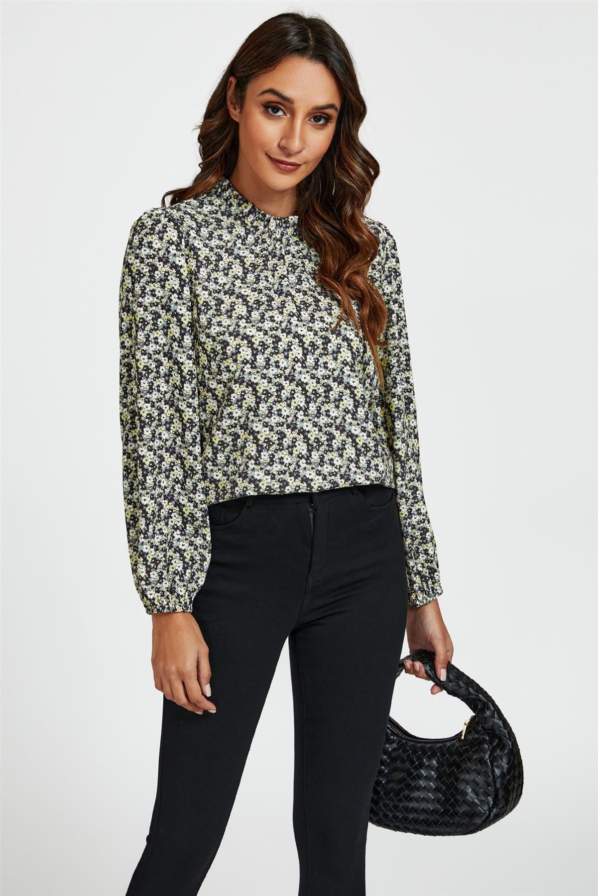Multi Floral Print Frill Detail High Neck Top In Yellow