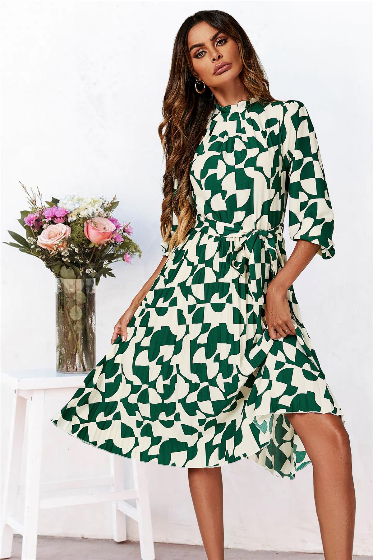 High Neck Long Sleeve Midi Dress In Green