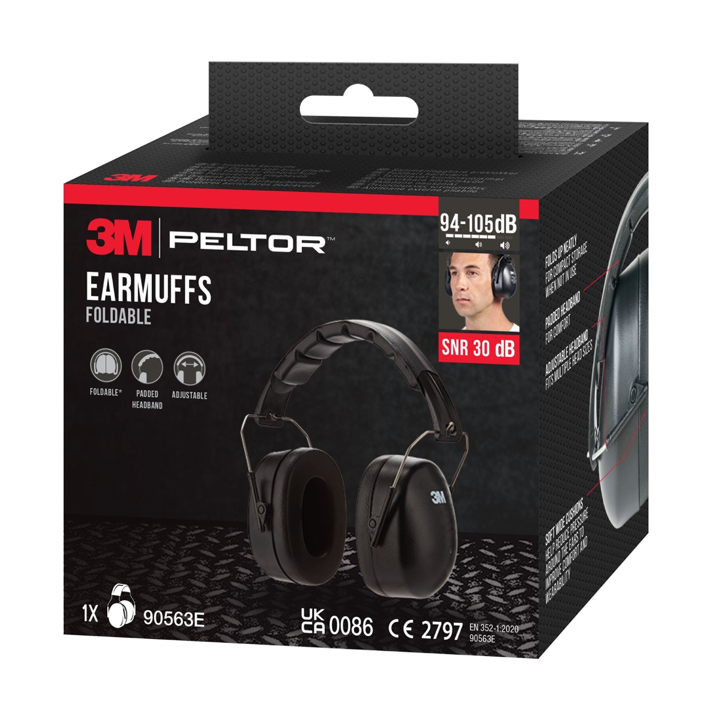 3M™ Kapselgehörschützer mit faltbarem Kopfbügel 90563E, SNR-Wert 30 dB, Schwarz | Packung (1 Stück)