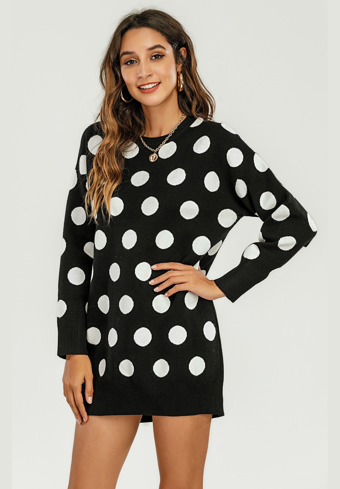 Knitted Tunic Mini Jumper Dress With Polka Dot Pattern