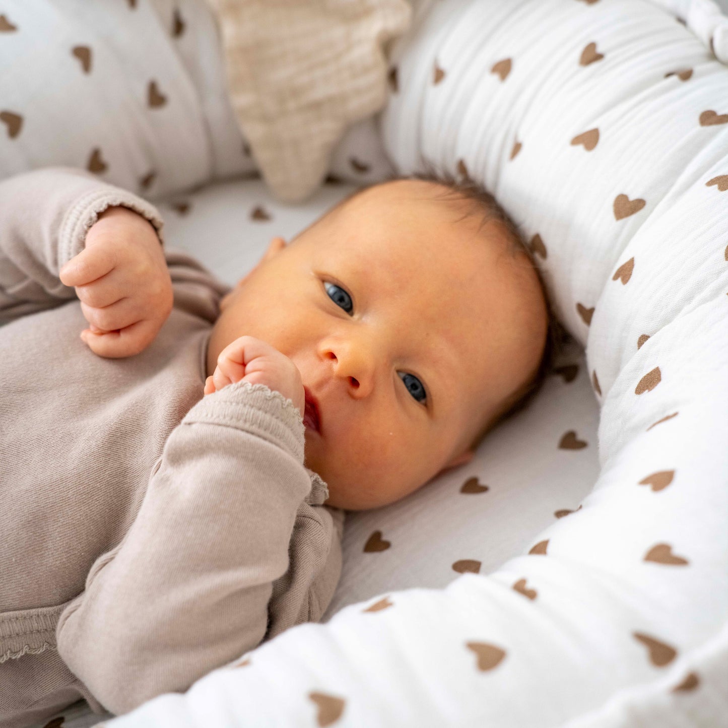 Babynestchen Musselin Herzen braun – Weicher mitwachsender Baby-Kokon