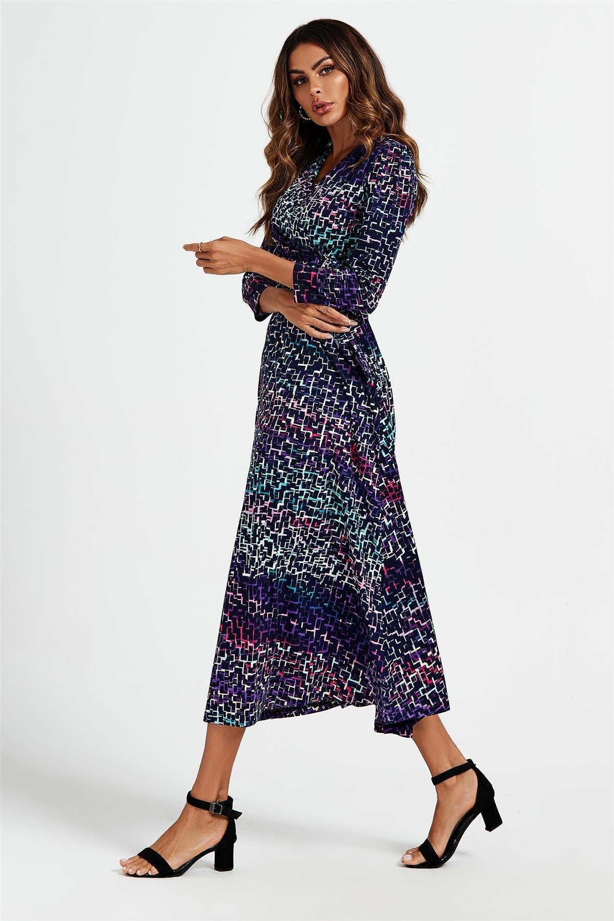 Geometric Print Wrap Top Midi Dress In Navy