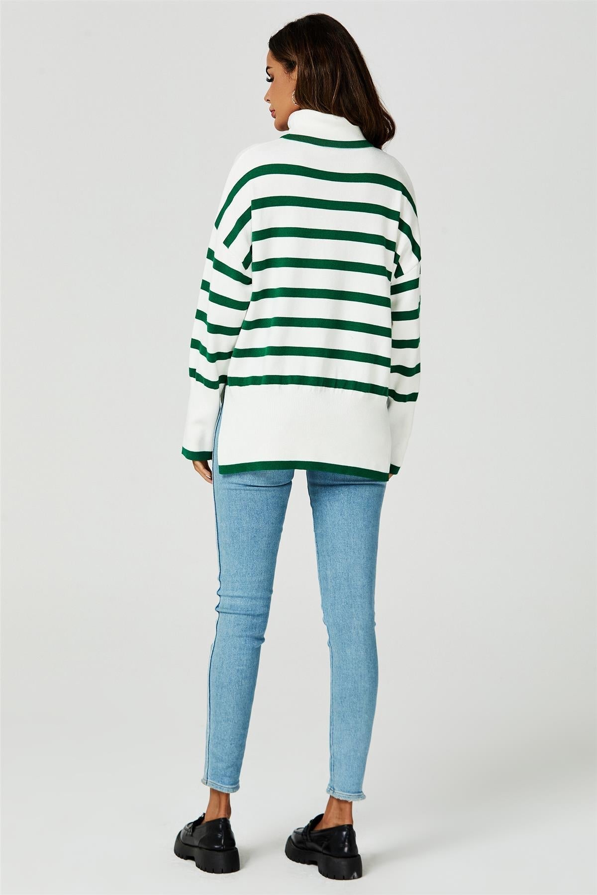 Stripes Pattern Turtleneck Jumper Top In Green 