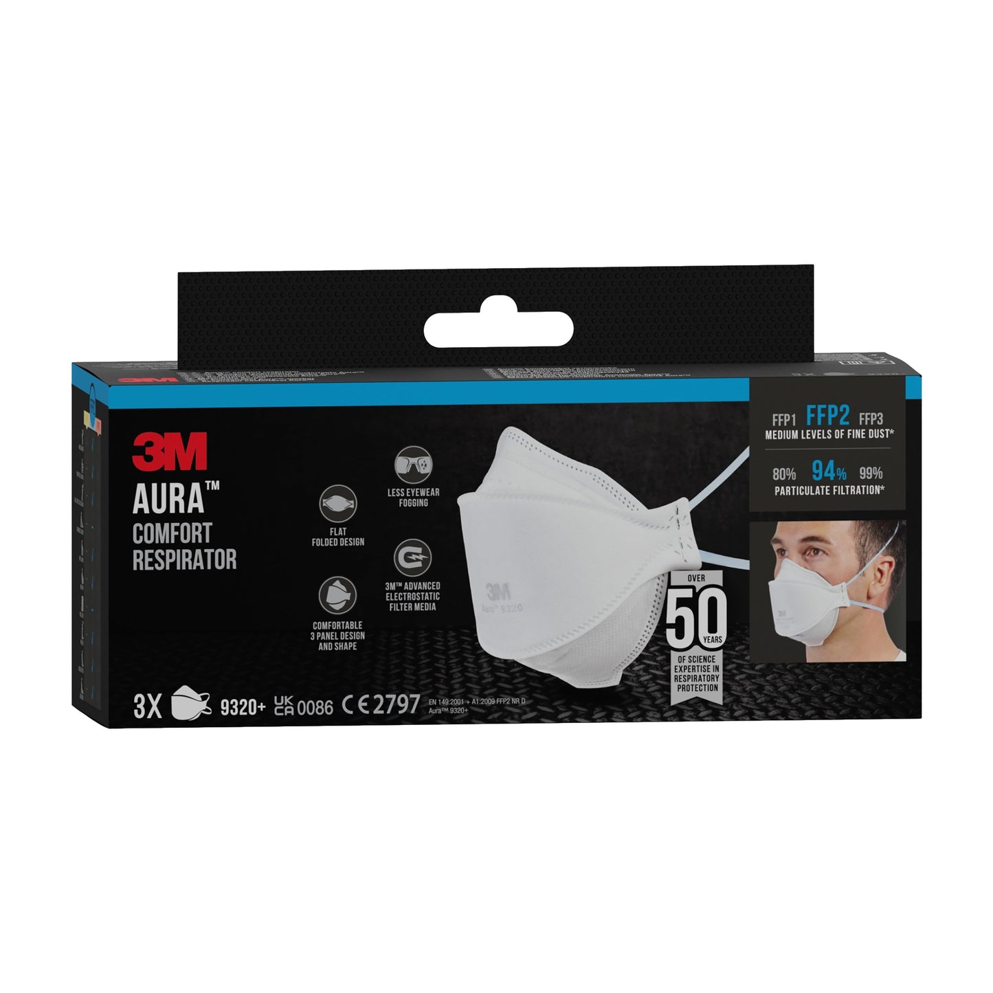 3M™ Aura™ Komfort-Partikelmaske 9320+, FFP2, ohne Ventil, 3er Packung | Packung (1 Stück)
