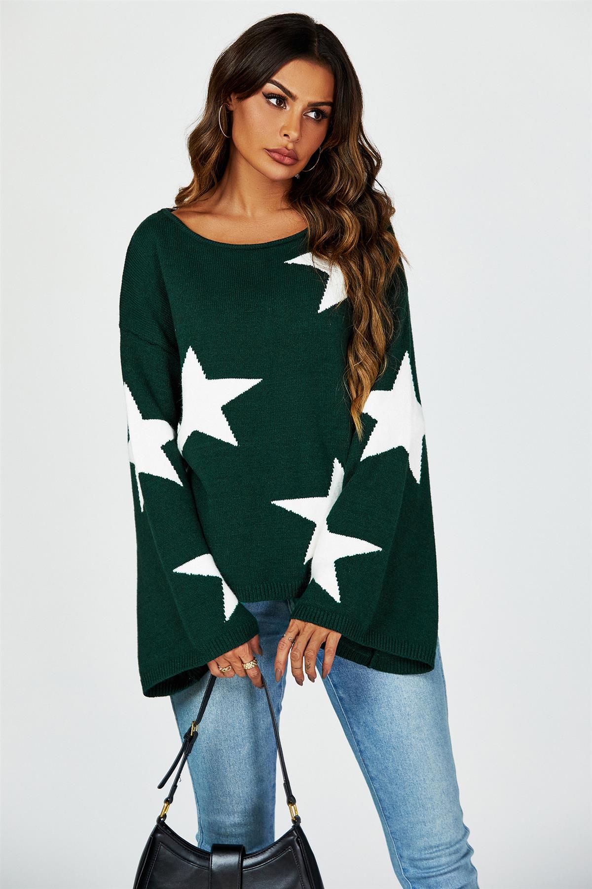 Wide Sleeve Oversize Dark Green Jumper With White Star