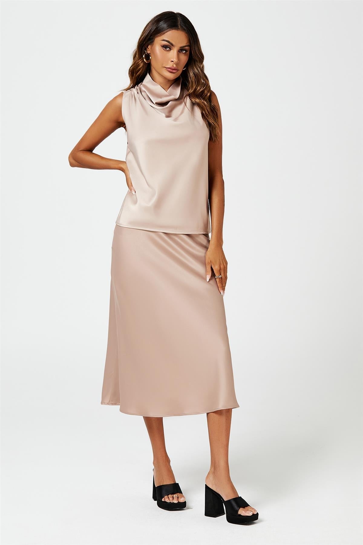 Satin High Neck Sleeveless Blouse In Light Brown