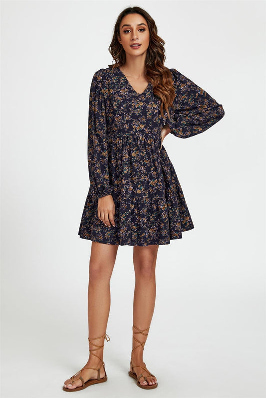 Little Floral Print V Neck Mini Dress In Navy