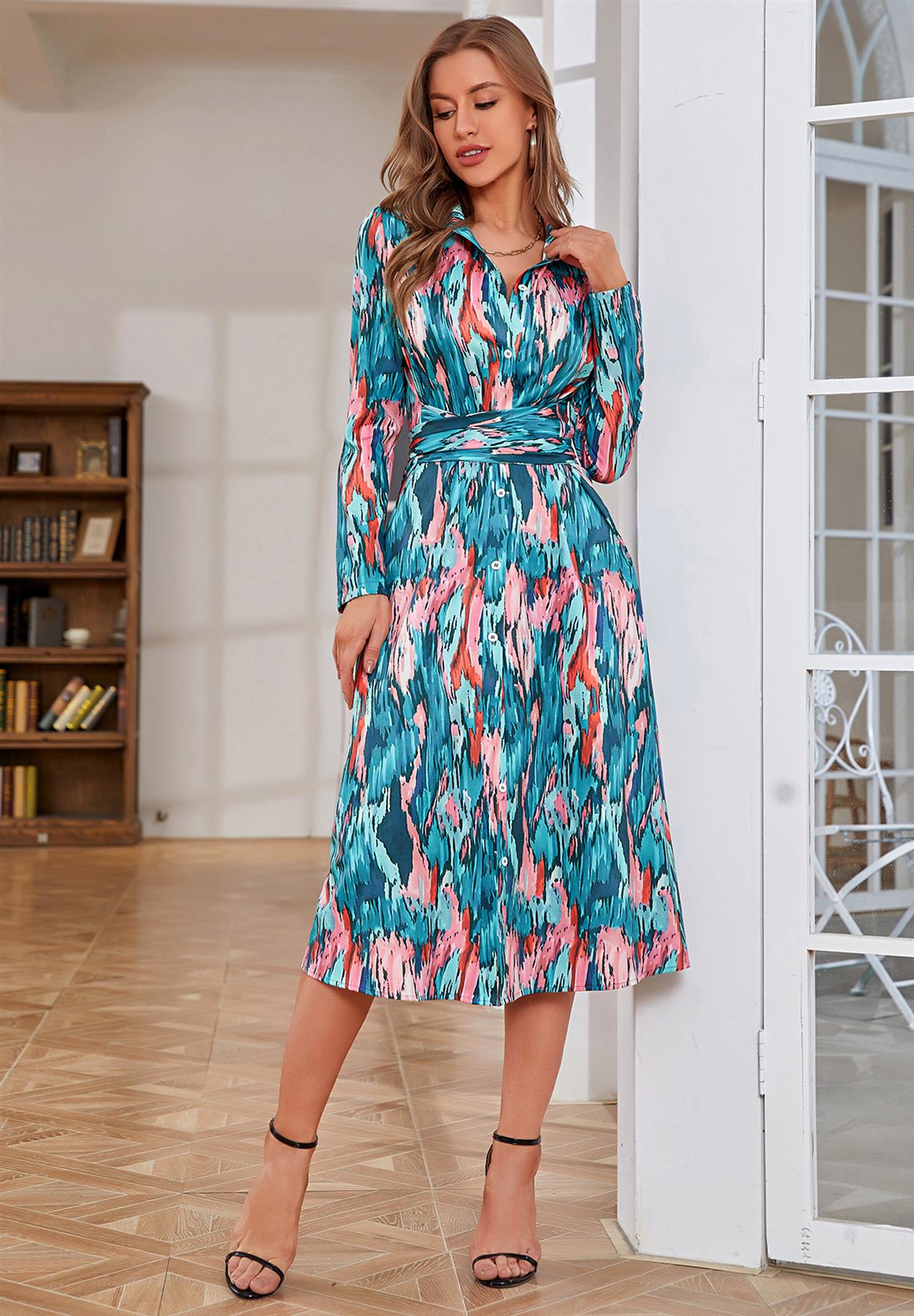 Multi Color Print Shirt Midi Wrap Dress In Green &amp; Pink
