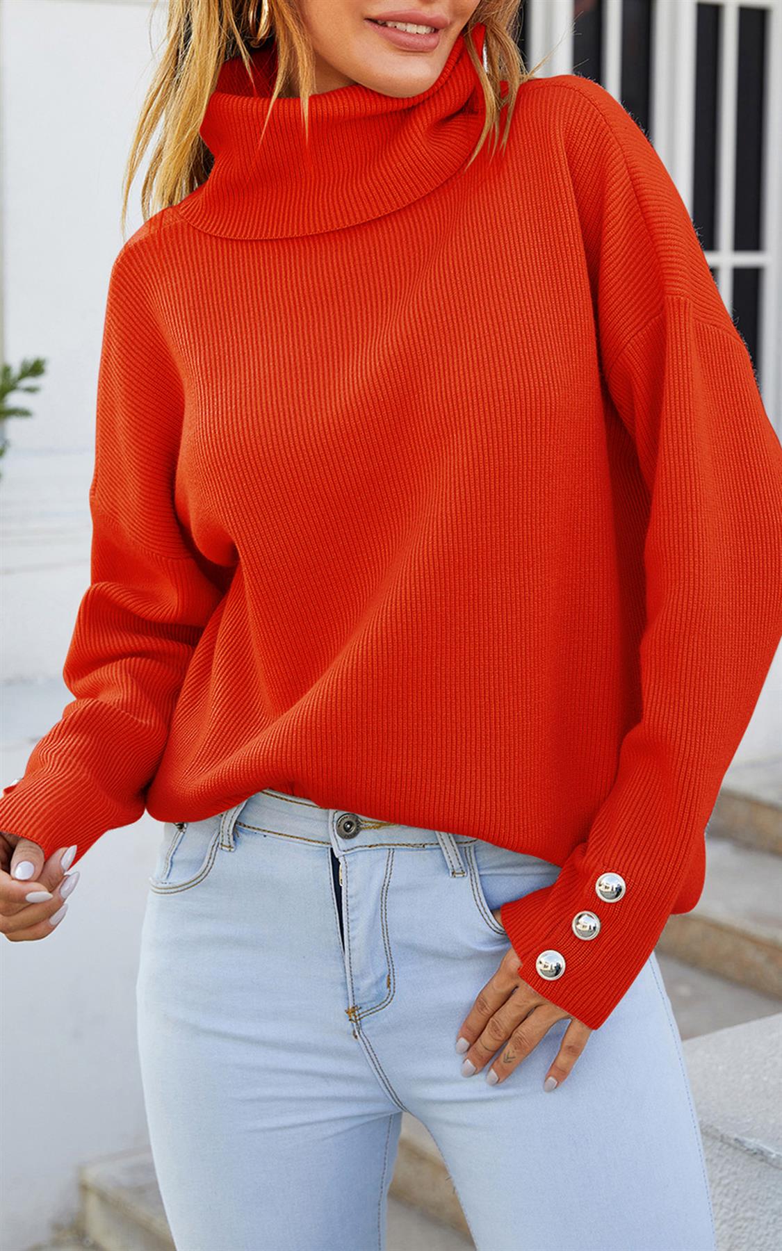 Button Detail On Sleeve Jumper Top With High Neck In Orange Red