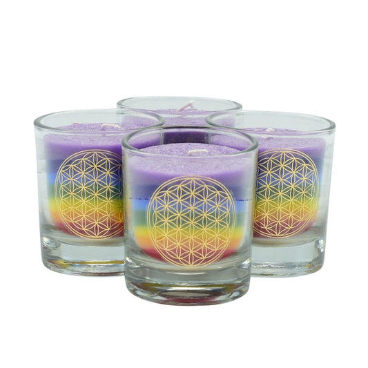4 Chakra Palmwachs Kerzen im Glas Blume des Lebens Set