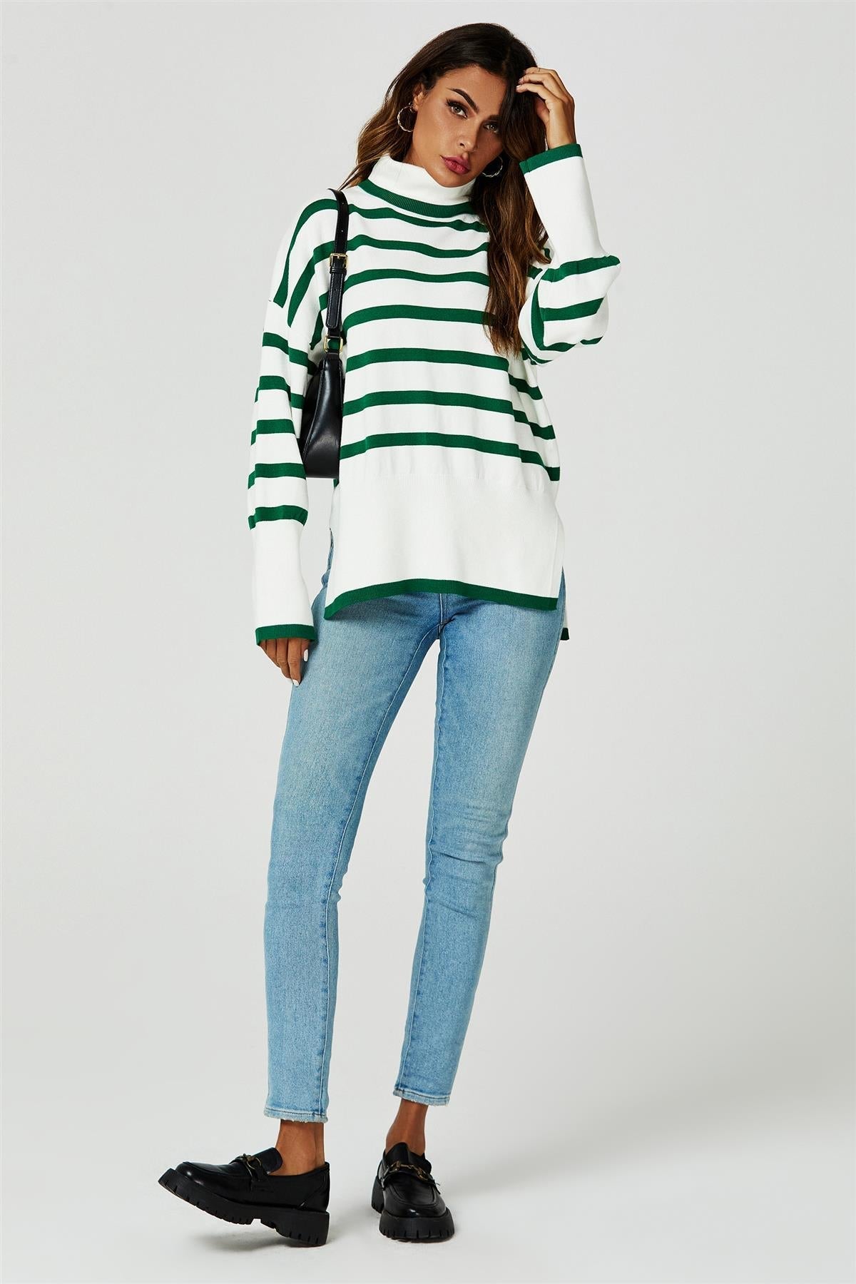 Stripes Pattern Turtleneck Jumper Top In Green 