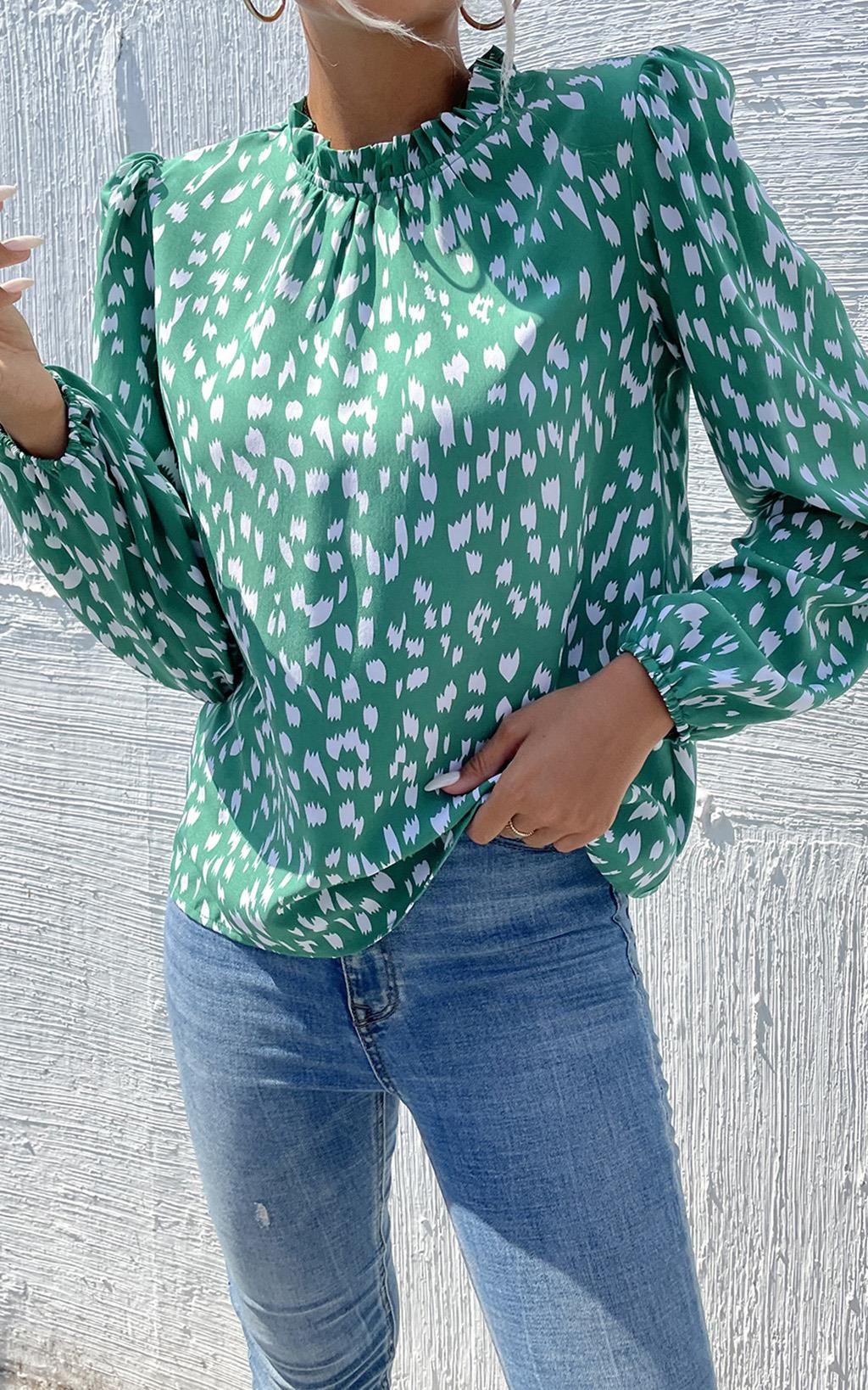 Animal Print Frill Detail High Neck Top In Green