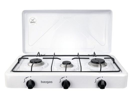 B-lager Baygas færanlegur gaseldavél, tjaldeldavél með 3 brennurum, flytjanlegur útieldavél, hvítur