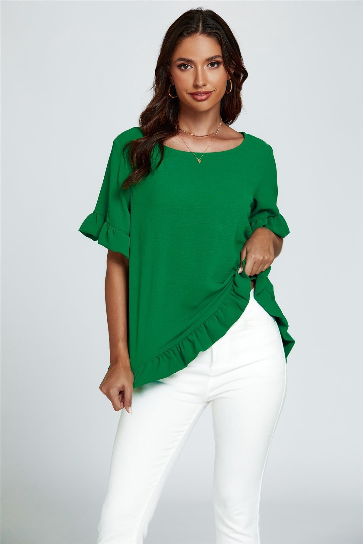 Frill Detail Short Sleeves Top In Green