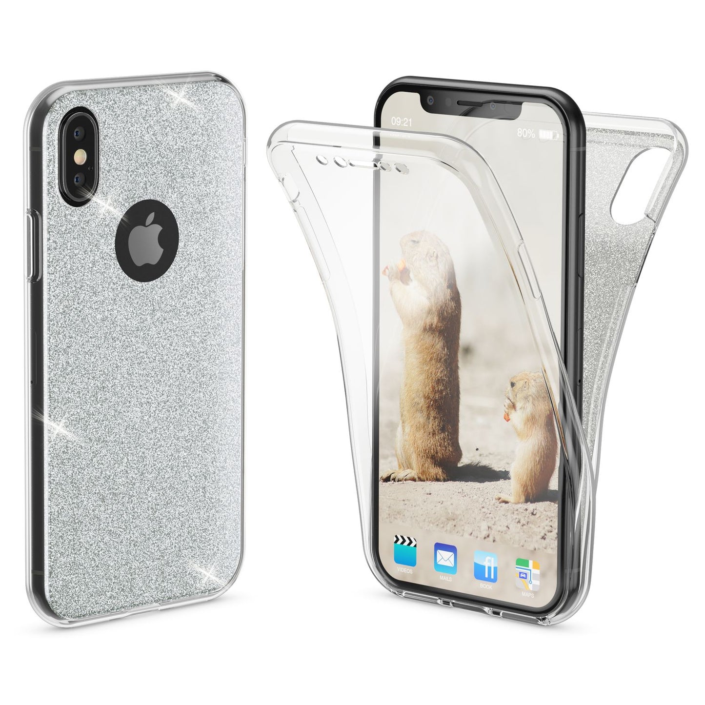 NALIA 360 gráðu hulstur fyrir Apple iPhone XS X glitrandi símahulstur sílikonhulstur
