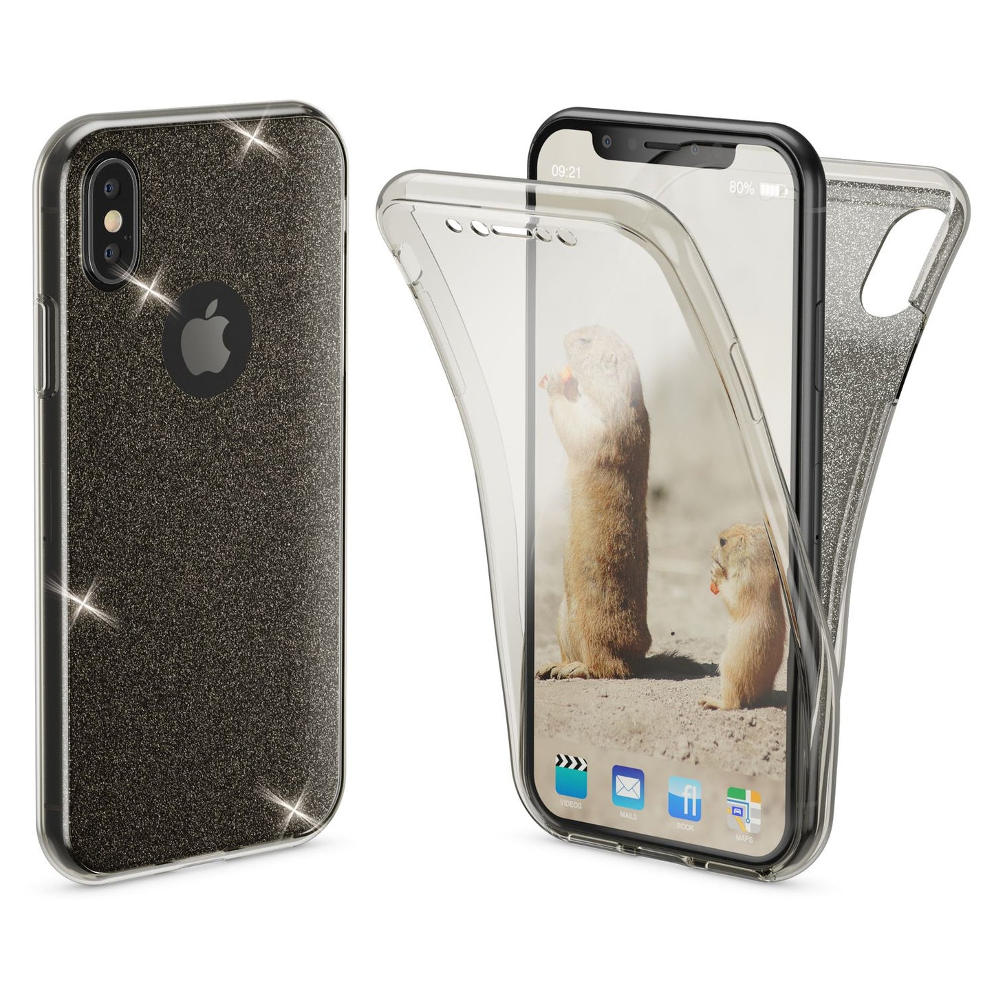NALIA 360 gráðu hulstur fyrir Apple iPhone XS X glitrandi símahulstur sílikonhulstur