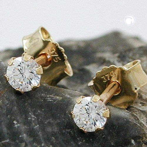 Eyrnalokkar með 3 mm sirkonsteinum úr 9 karata gulli