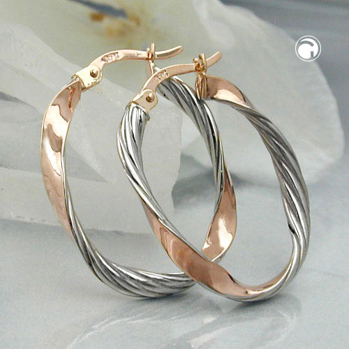Hoop earring 26x21mm oval bicolor rhodium-plated diamond-cut 9Kt red gold