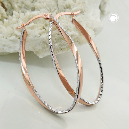 Hoop earring 33x20mm oval bicolor rhodium-plated diamond-cut 9Kt red gold