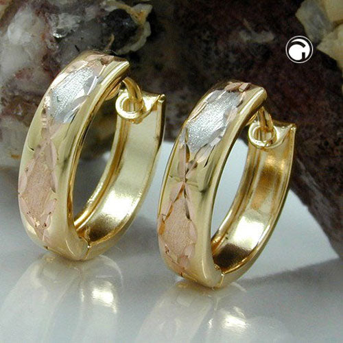 Hoop earring 12x3mm folding hinge tricolor diamond-cut 9Kt GOLD
