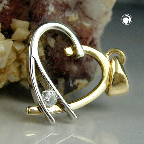 Pendant 14x13mm heart open bicolor with zirconia 9Kt GOLD