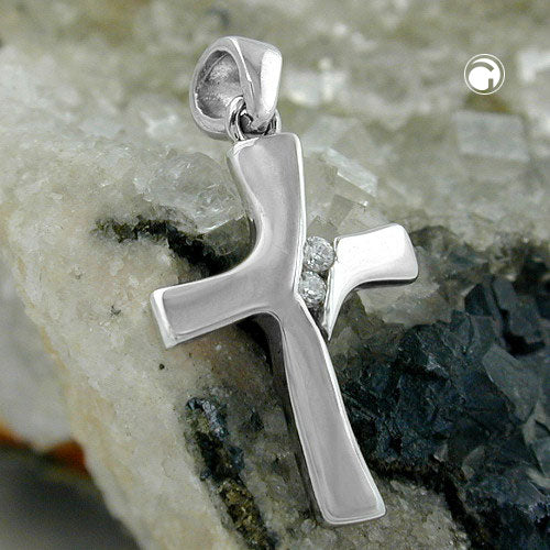 Hengiskraut 19x12mm glansandi kross með 2 sirkonsteinum úr 9 karata hvítu gulli