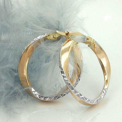 Hoop earring 20x3mm bicolor diamond-cut curved 9Kt GOLD