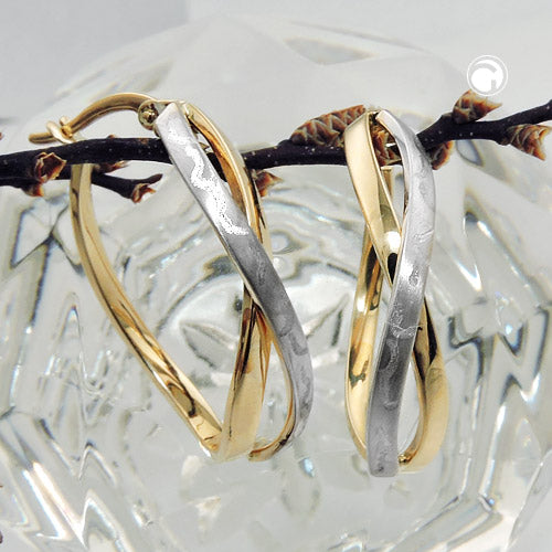 Hoop earring 26x7mm crossed bicolor partially rhodium-plated matte 9Kt GOLD