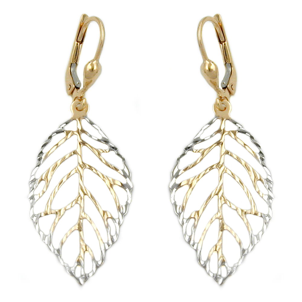Leverback earring 45x16mm leaf openwork 9Kt GOLD