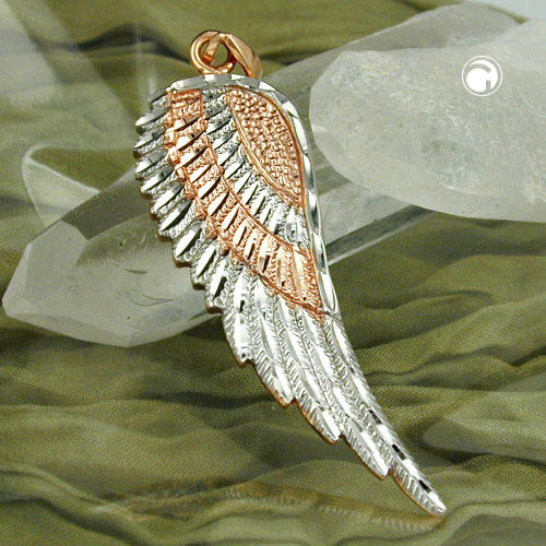 Pendant 36x13mm angel wings bicolor rhodium-plated 9Kt red gold
