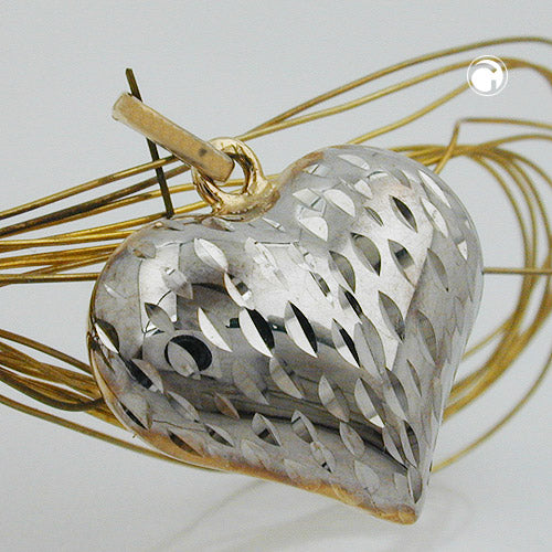 Pendant 14x16x6mm heart bicolor diamond-cut 9Kt GOLD