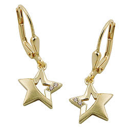 Ear clip earrings 25x10mm star partially matte with zirconias 9Kt GOLD