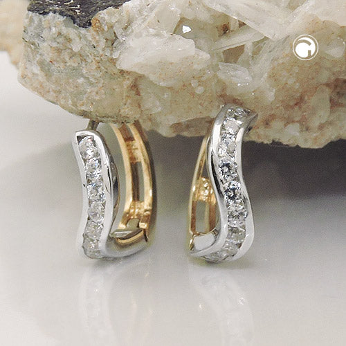 Creole 12x3mm folding hinge bicolor zirconias, 9K GOLD