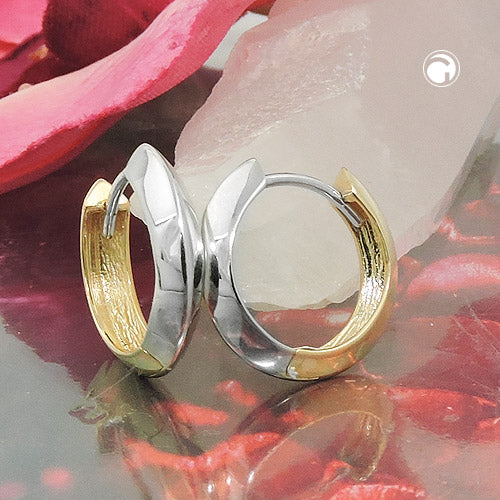 Hoop earrings 14x3mm with bicolor hinges, 9K gold