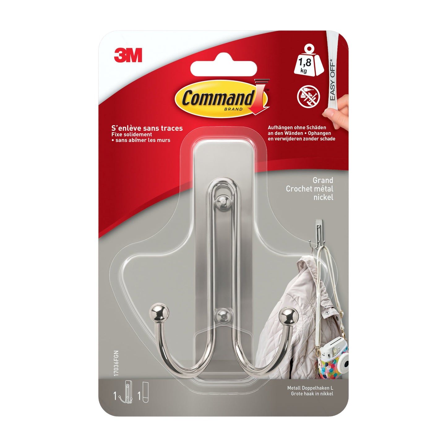 Großer Command™ Doppelhaken in gebürstetem Nickel, 17036, 1 Haken, 1 Strip | Packung (1 Stück)
