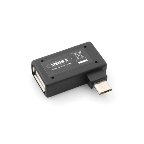 System-S 90° horntengi (vinstri horn) USB í Micro USB OTG hýsingarsnúra Tenging fyrir glampadrif með auka Micro USB tengi fyrir snjallsíma og spjaldtölvu