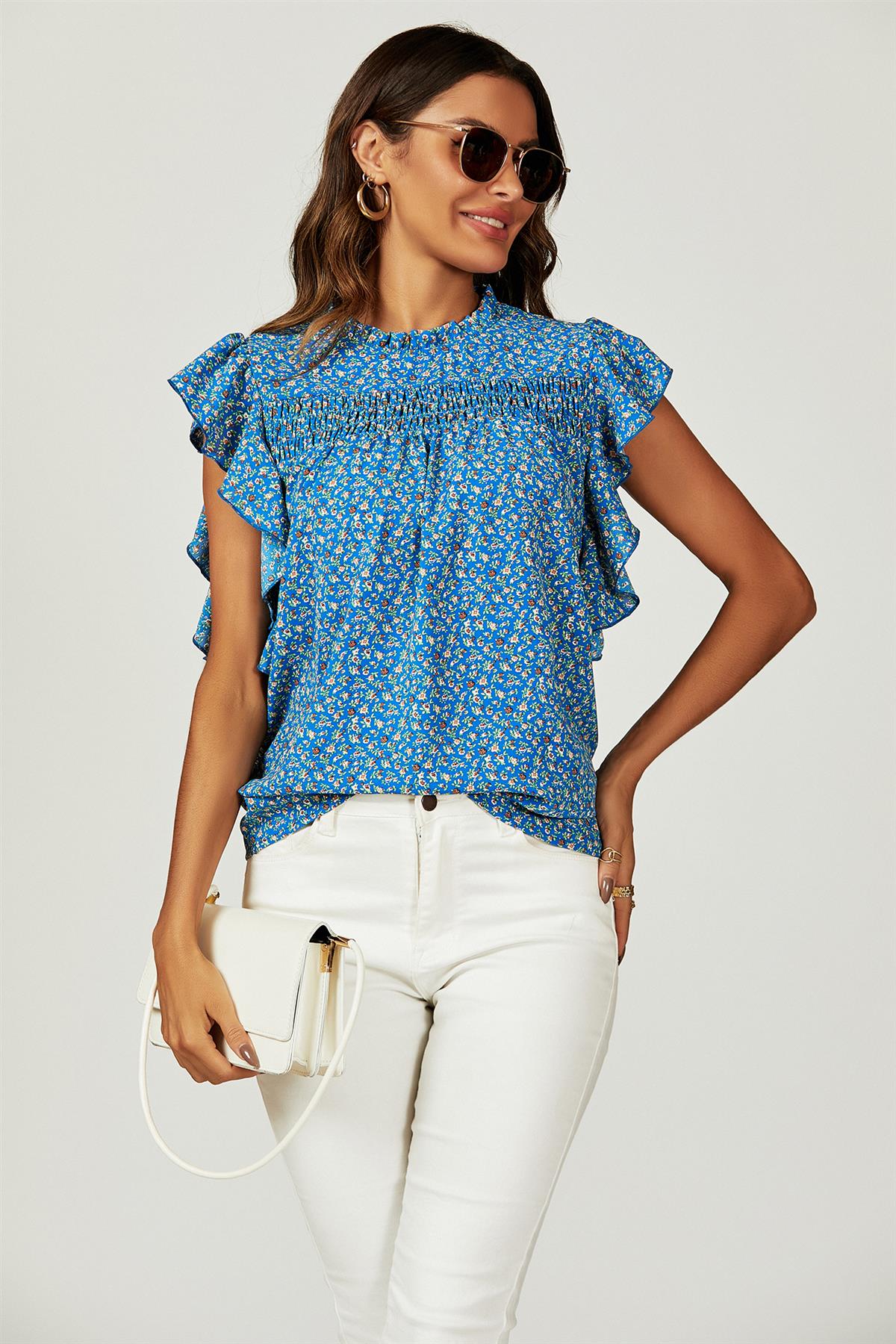 Floral Print Frill Hem Short Sleeve Blouse Top In Blue