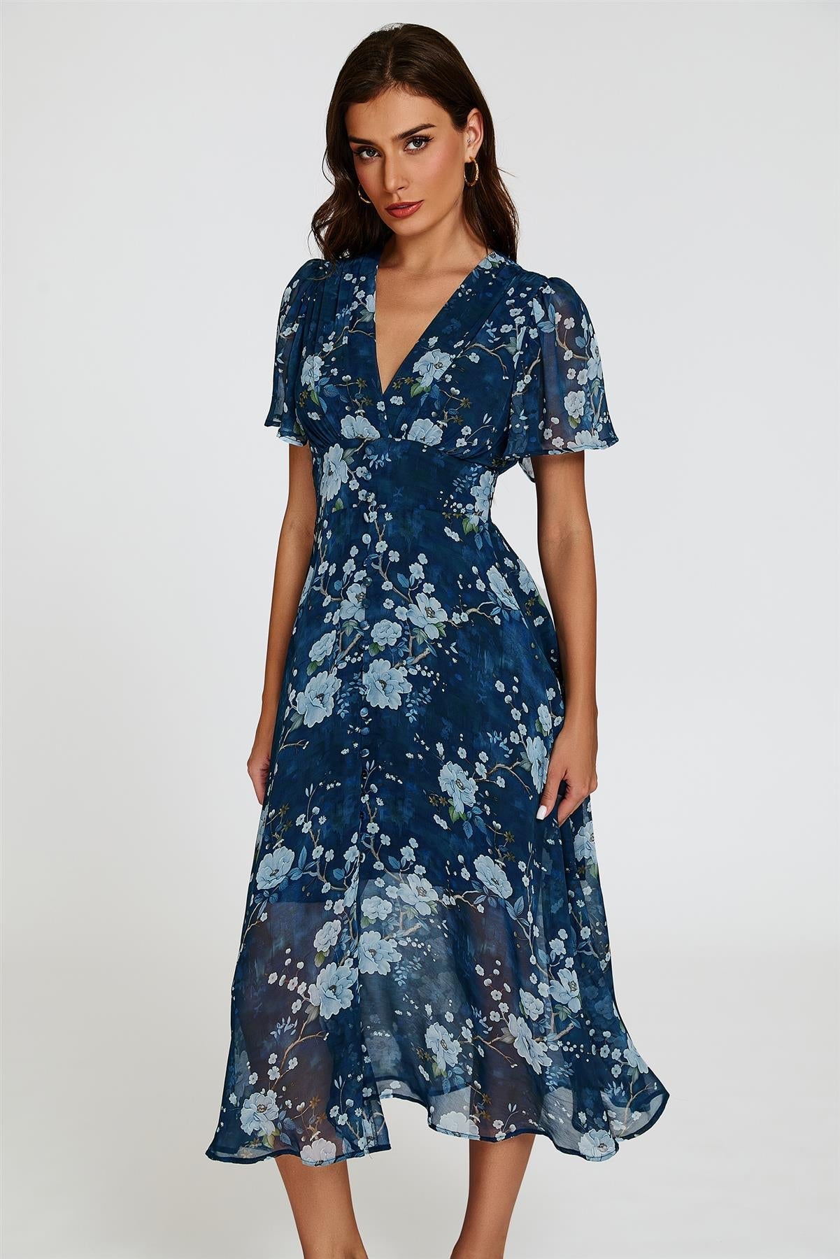 Floral Print Midi V neckline Dress In Navy