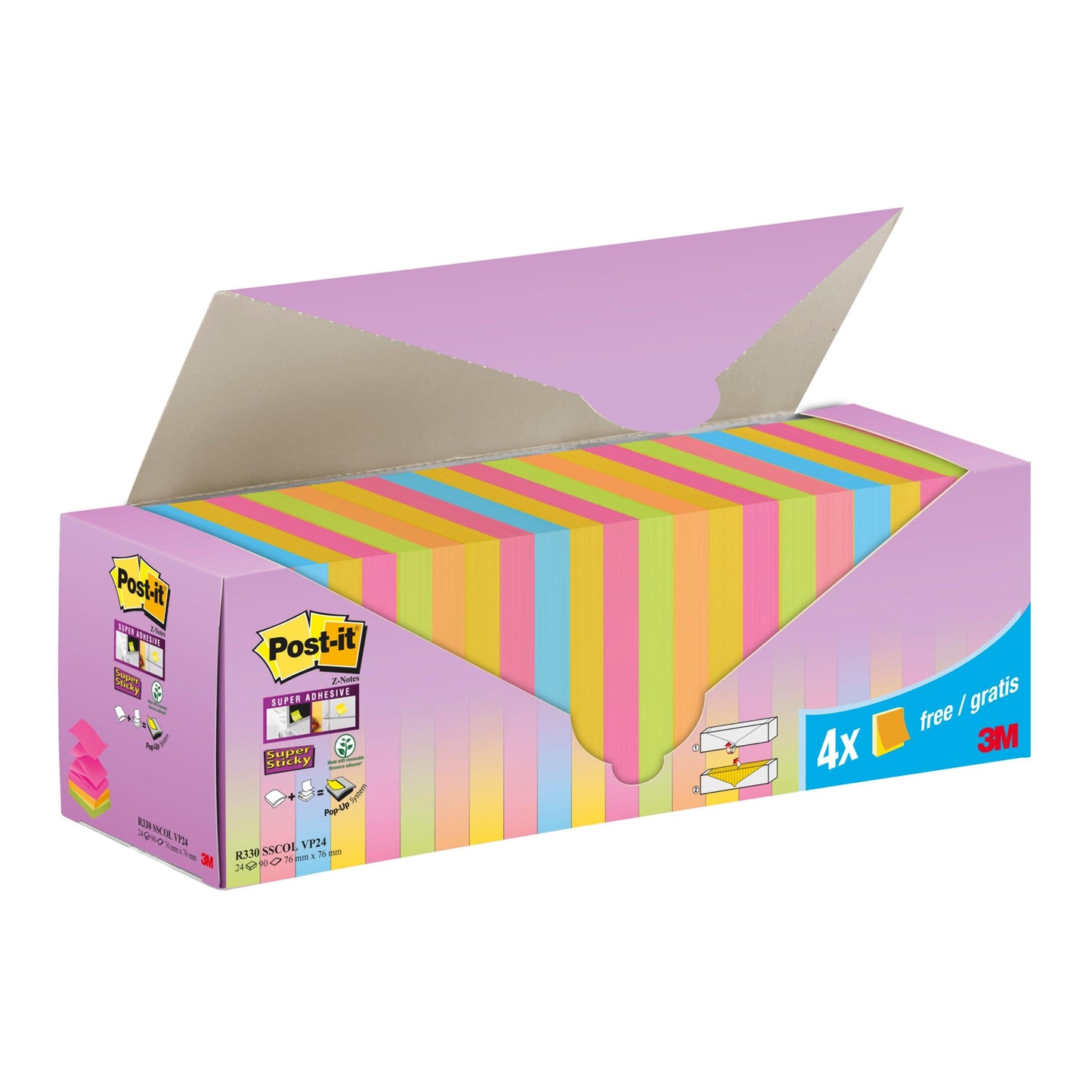 Post-it® Super Sticky Z-Notes, Verschiedene Farben, 76 mm x 76 mm, Promotion, 90 Blatt/Block, 20 Blöcke + 4 Gratis/Packung, Kartonverpackung, 100% PEFC, SGSCH-PEFC-COC-110078  | Packung (1 Stück)