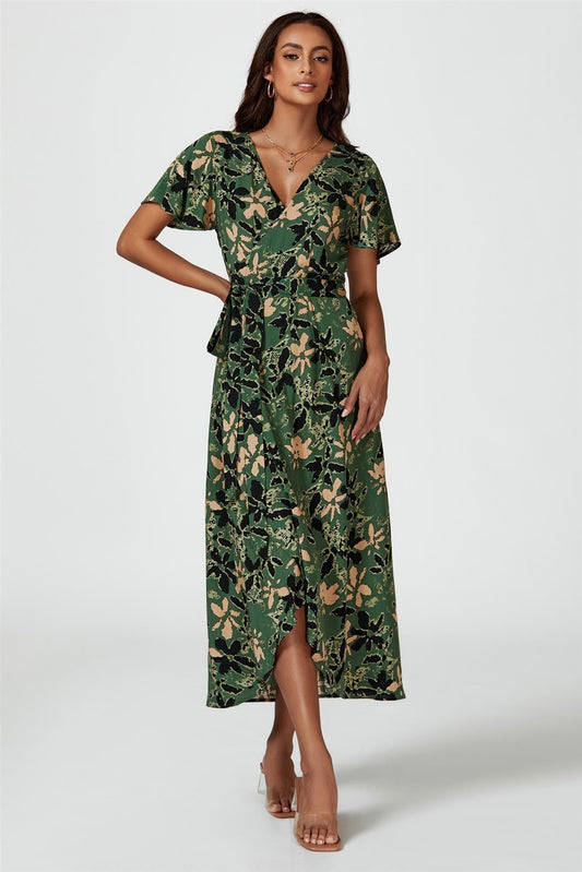 Abstract Floral Wrap Maxi Dress In Olive
