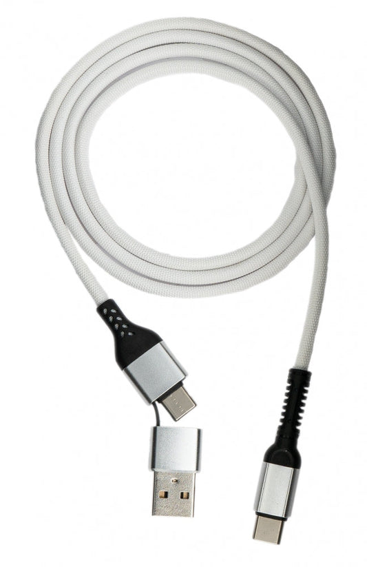 SYSTEM-S USB 3.1 2 í 1 snúra 1m Type C karlkyns í Type C karlkyns og 2.0 Type A fléttuð hvít